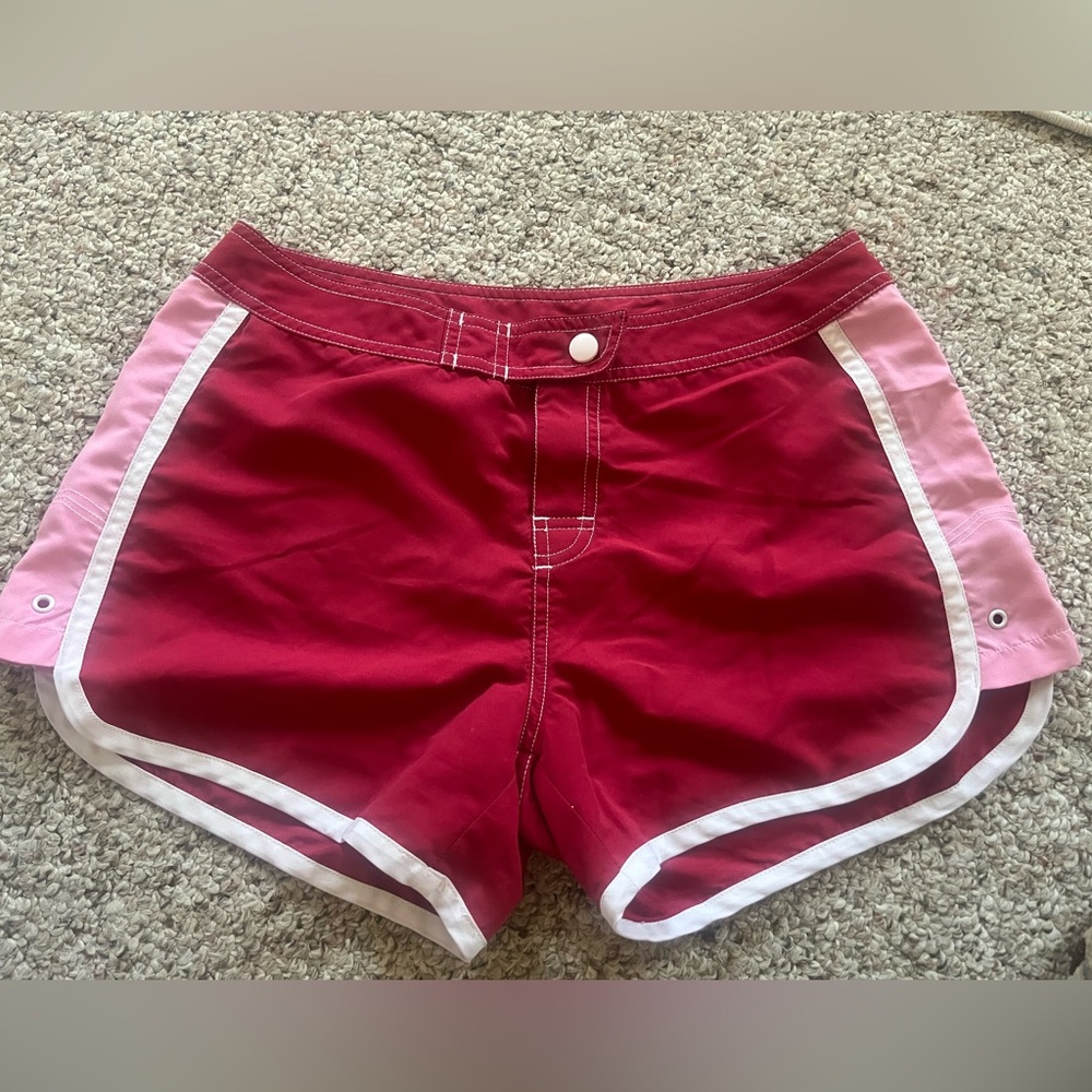 Women’s Burgundy Swim Athletic Shorts with Pink Side Panels
